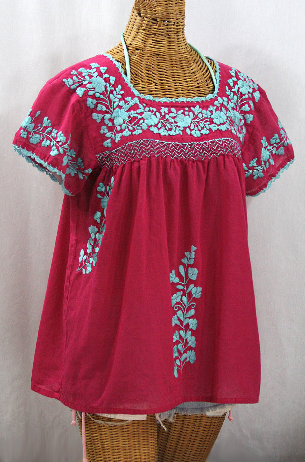 "La Marina Corta" Embroidered Mexican Peasant Blouse - Raspberry + Light Blue