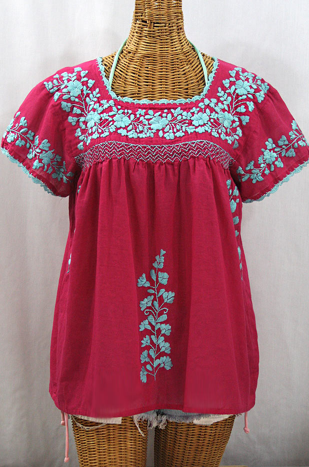 "La Marina Corta" Embroidered Mexican Peasant Blouse - Raspberry + Light Blue