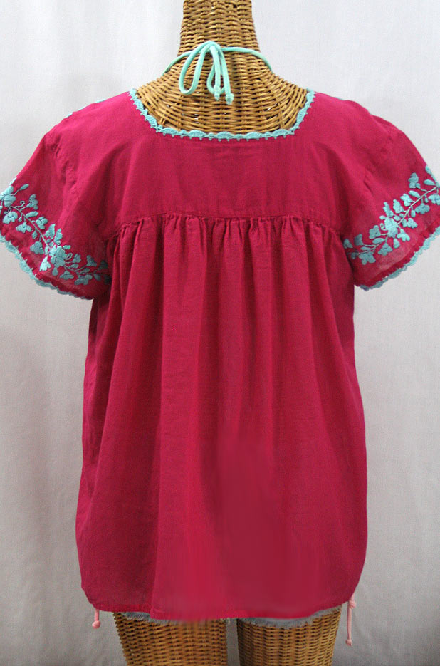 "La Marina Corta" Embroidered Mexican Peasant Blouse - Raspberry + Light Blue