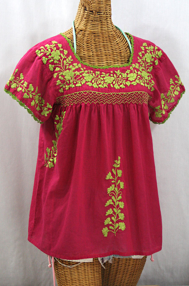 FINAL SALE -- "La Marina Corta" Embroidered Mexican Peasant Blouse - Raspberry + Lime Green