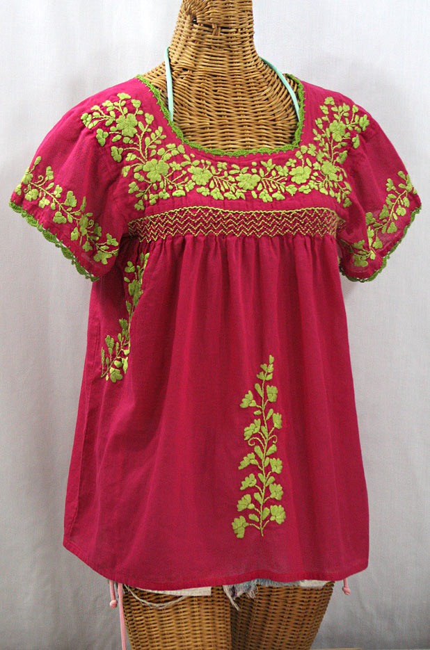 "La Marina Corta" Embroidered Mexican Peasant Blouse - Raspberry + Lime Green