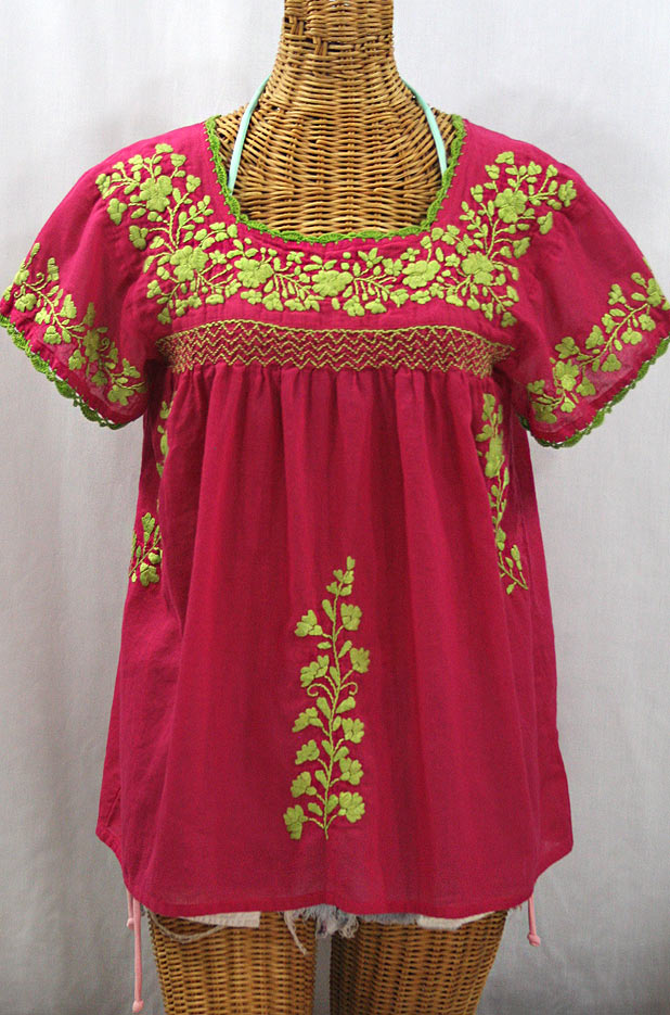 "La Marina Corta" Embroidered Mexican Peasant Blouse - Raspberry + Lime Green