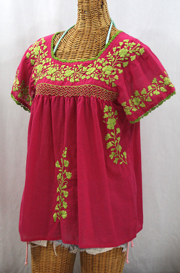 "La Marina Corta" Embroidered Mexican Peasant Blouse - Raspberry + Lime Green