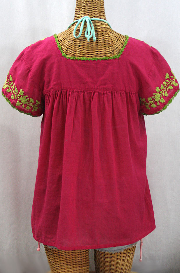 "La Marina Corta" Embroidered Mexican Peasant Blouse - Raspberry + Lime Green