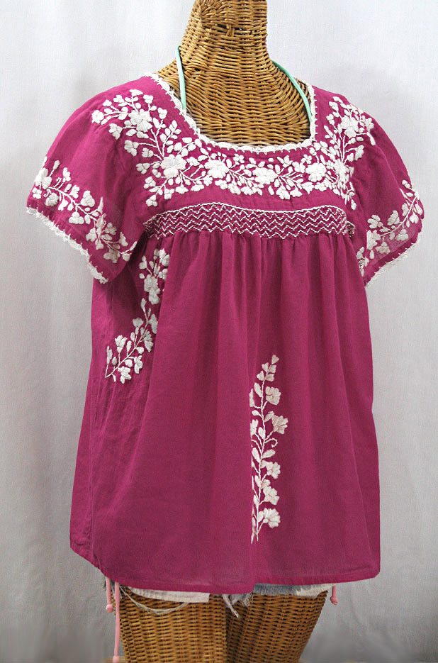 "La Marina Corta" Embroidered Mexican Peasant Blouse - Fuchsia Pink + White