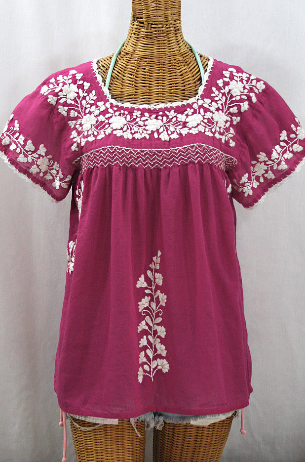 "La Marina Corta" Embroidered Mexican Peasant Blouse - Fuchsia Pink + White