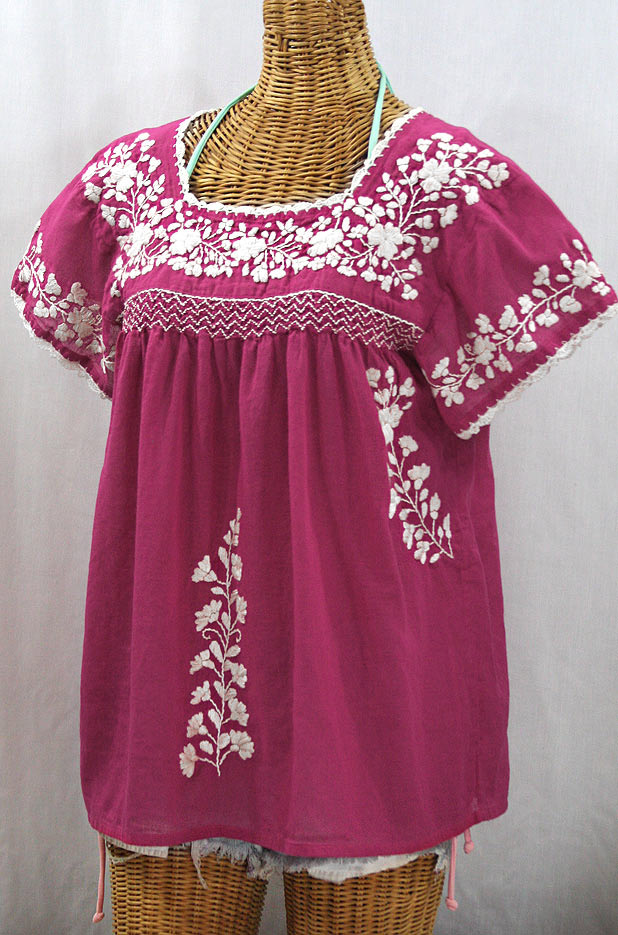 "La Marina Corta" Embroidered Mexican Peasant Blouse - Fuchsia Pink + White