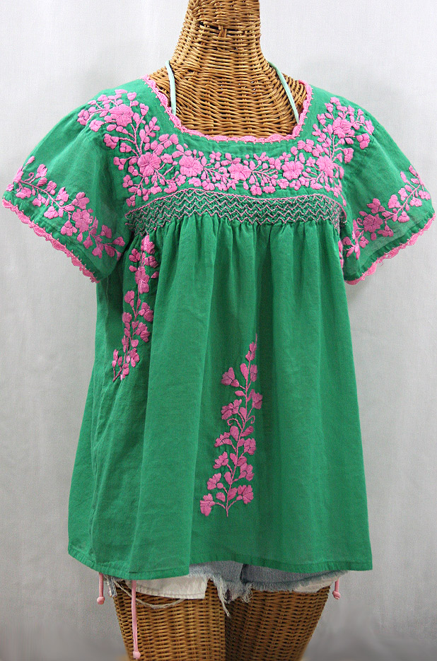 "La Marina Corta" Embroidered Mexican Peasant Blouse - Green + Pink