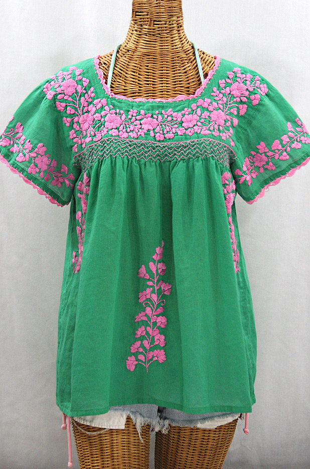 FINAL SALE -- "La Marina Corta" Embroidered Mexican Peasant Blouse - Green + Pink