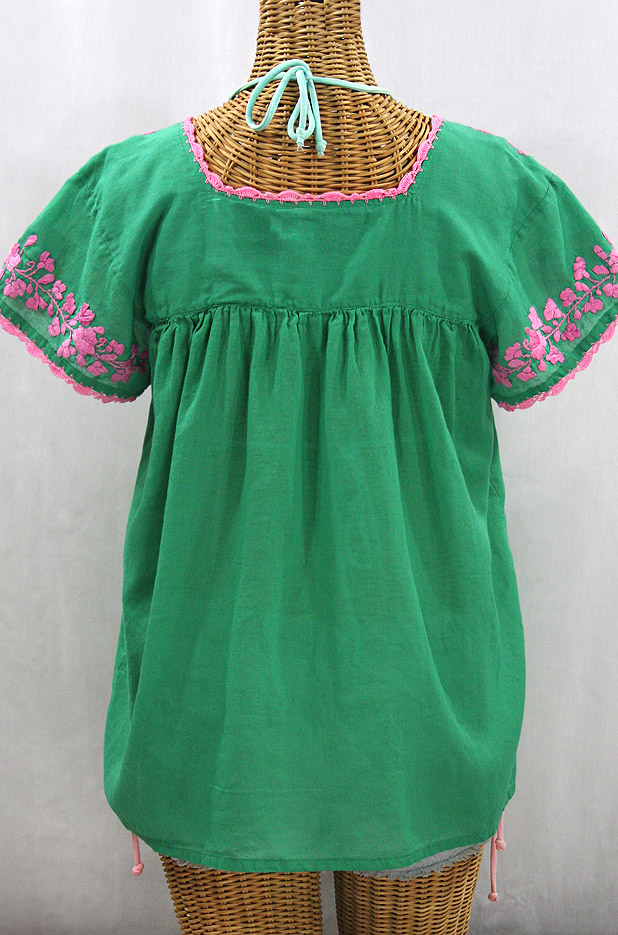 "La Marina Corta" Embroidered Mexican Peasant Blouse - Green + Pink