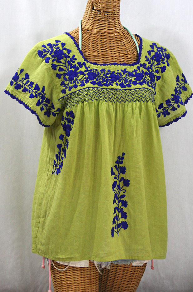 "La Marina Corta" Embroidered Mexican Peasant Blouse - Moss Green + Blue