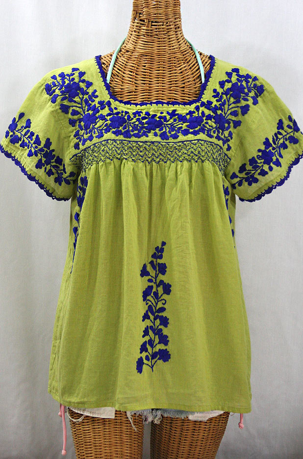 "La Marina Corta" Embroidered Mexican Peasant Blouse - Moss Green + Blue