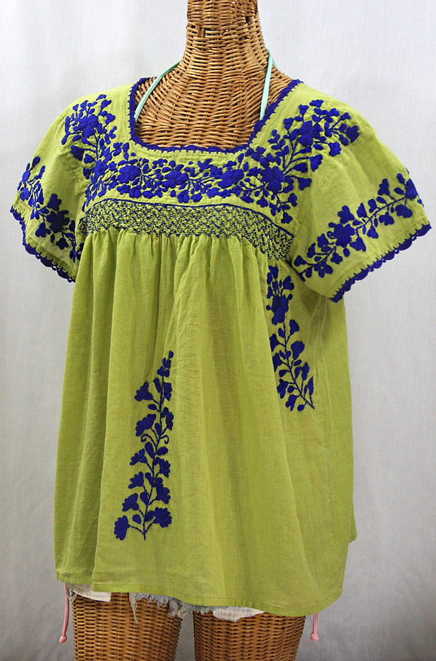 "La Marina Corta" Embroidered Mexican Peasant Blouse - Moss Green + Blue