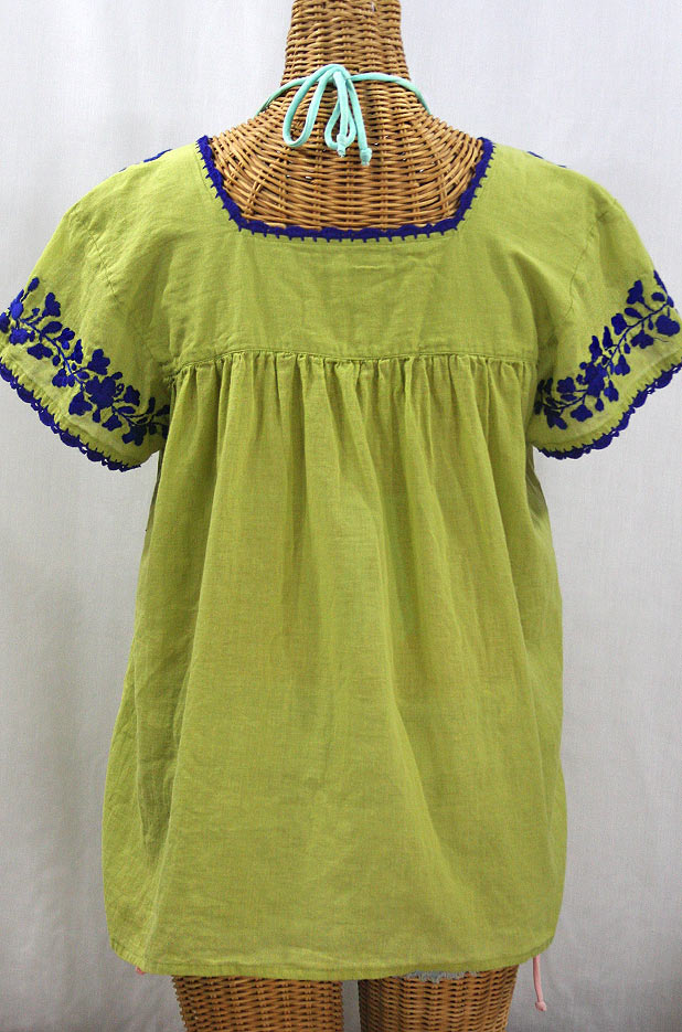 "La Marina Corta" Embroidered Mexican Peasant Blouse - Moss Green + Blue