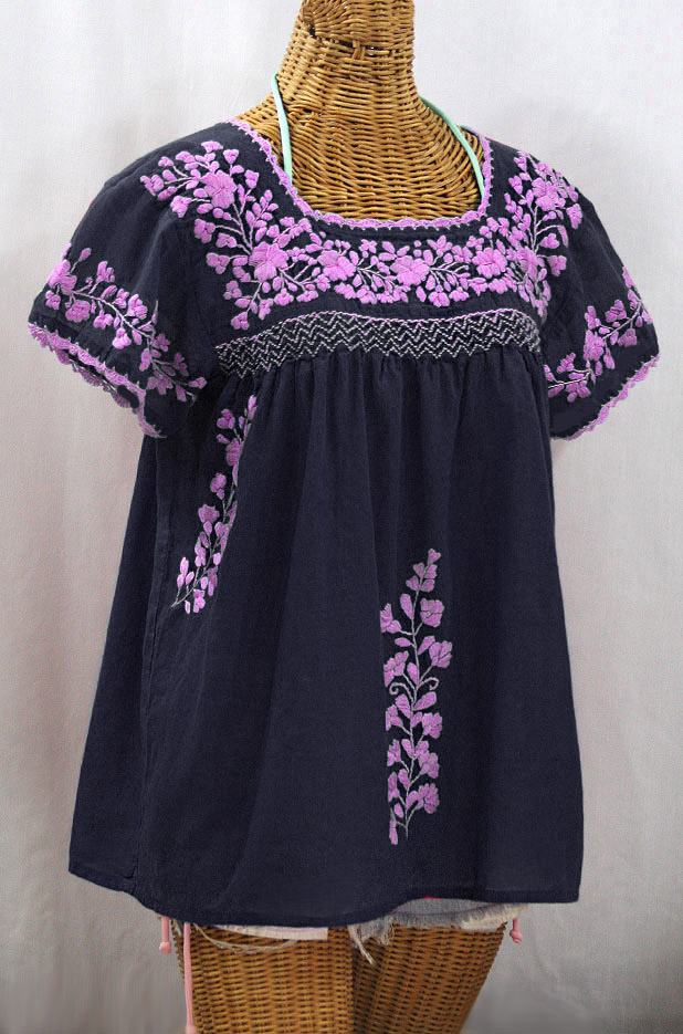 "La Marina Corta" Embroidered Mexican Peasant Blouse - Navy + Pink