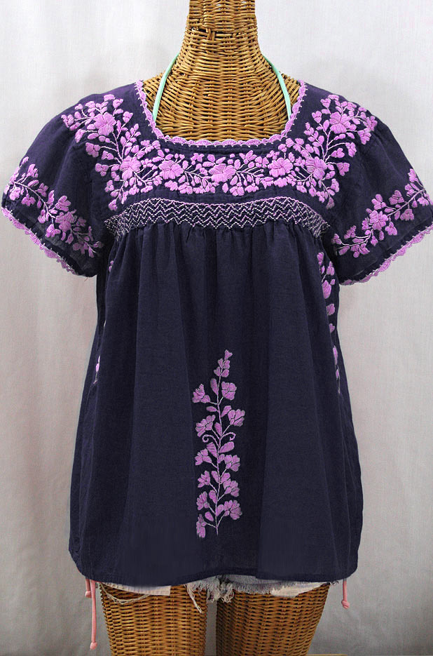 "La Marina Corta" Embroidered Mexican Peasant Blouse - Navy + Pink