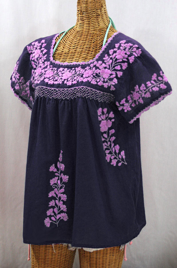 "La Marina Corta" Embroidered Mexican Peasant Blouse - Navy + Pink