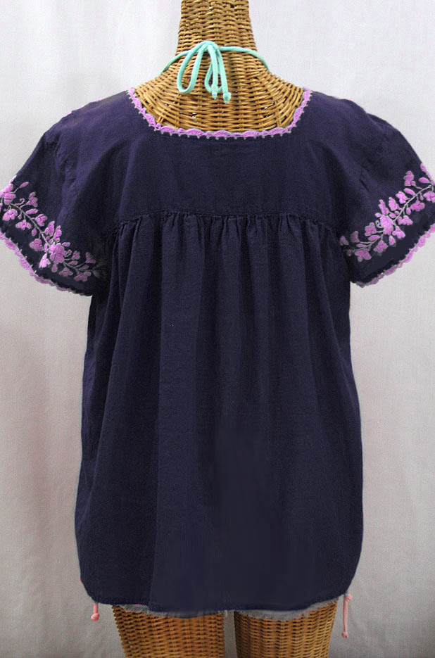 "La Marina Corta" Embroidered Mexican Peasant Blouse - Navy + Pink