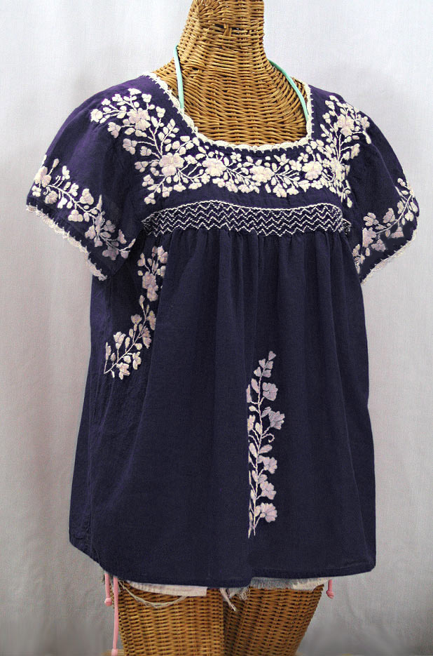 "La Marina Corta" Embroidered Mexican Peasant Blouse - Navy + Cream