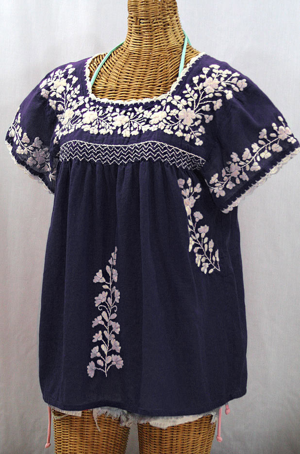 "La Marina Corta" Embroidered Mexican Peasant Blouse - Navy + Cream