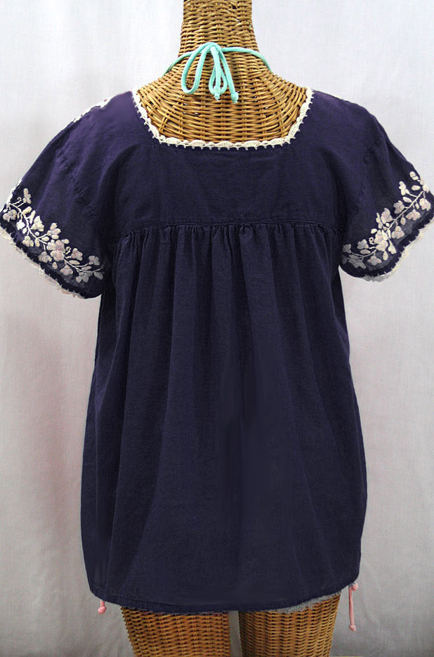 "La Marina Corta" Embroidered Mexican Peasant Blouse - Navy + Cream