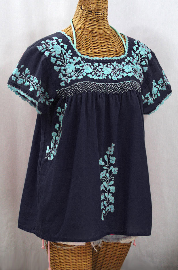 "La Marina Corta" Embroidered Mexican Peasant Blouse - Navy + Neon Blue