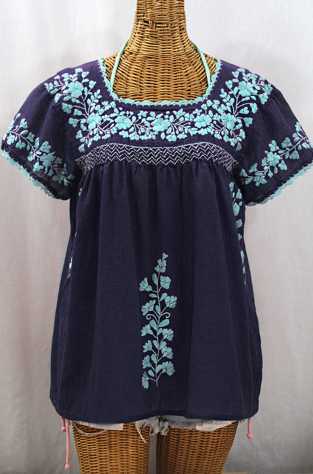 "La Marina Corta" Embroidered Mexican Peasant Blouse - Navy + Neon Blue