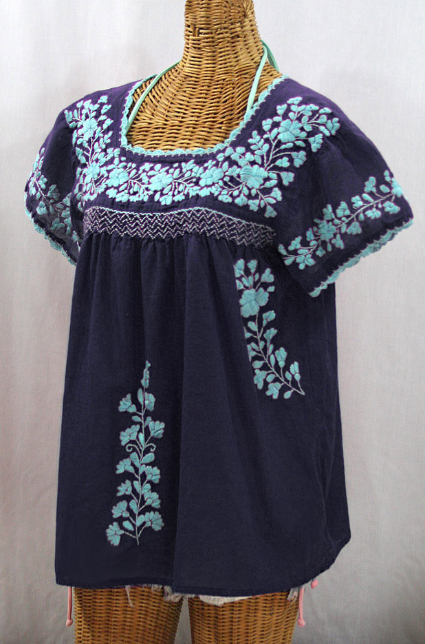 "La Marina Corta" Embroidered Mexican Peasant Blouse - Navy + Neon Blue