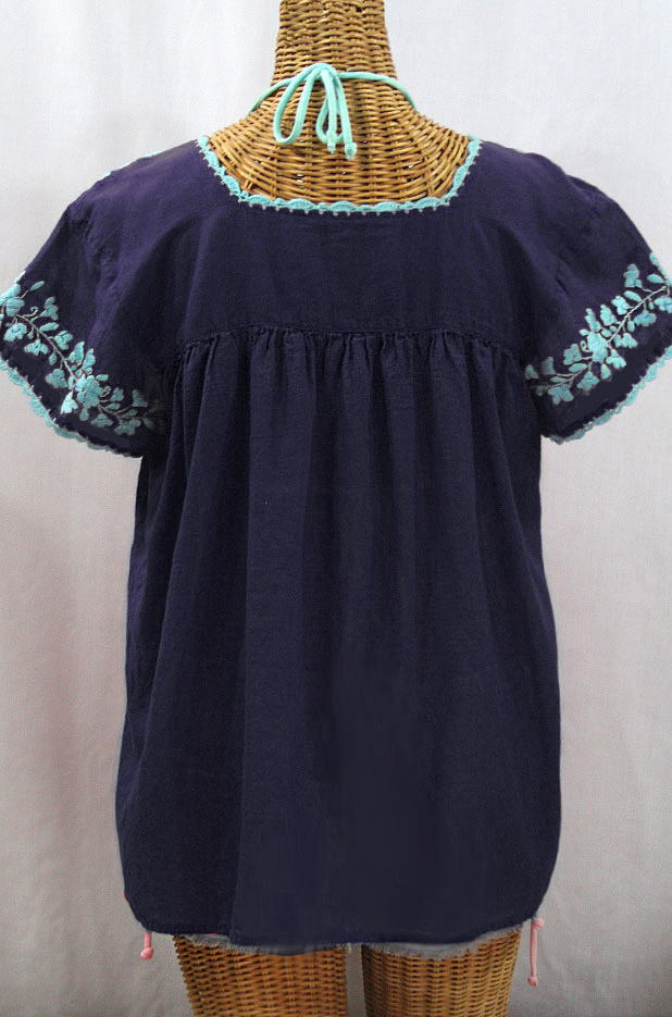 "La Marina Corta" Embroidered Mexican Peasant Blouse - Navy + Neon Blue