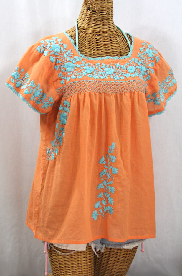 "La Marina Corta" Embroidered Mexican Peasant Blouse - Orange Cream + Light Blue