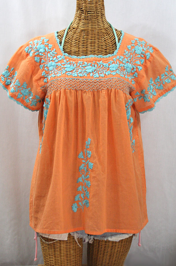 "La Marina Corta" Embroidered Mexican Peasant Blouse - Orange Cream + Light Blue