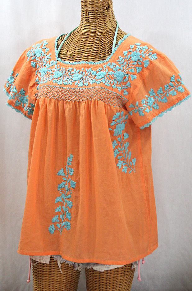 "La Marina Corta" Embroidered Mexican Peasant Blouse - Orange Cream + Light Blue