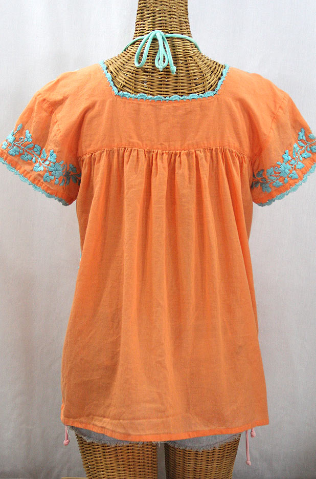 "La Marina Corta" Embroidered Mexican Peasant Blouse - Orange Cream + Light Blue