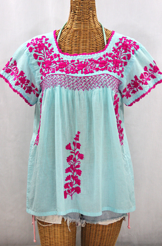 "La Marina Corta" Embroidered Mexican Peasant Blouse - Pale Blue + Magenta