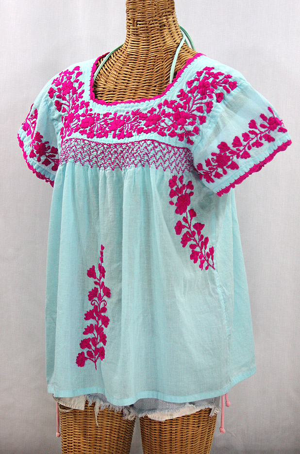 "La Marina Corta" Embroidered Mexican Peasant Blouse - Pale Blue + Magenta