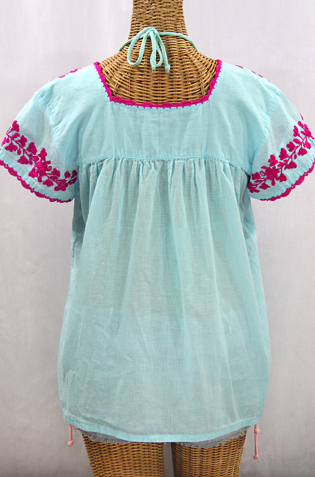 "La Marina Corta" Embroidered Mexican Peasant Blouse - Pale Blue + Magenta