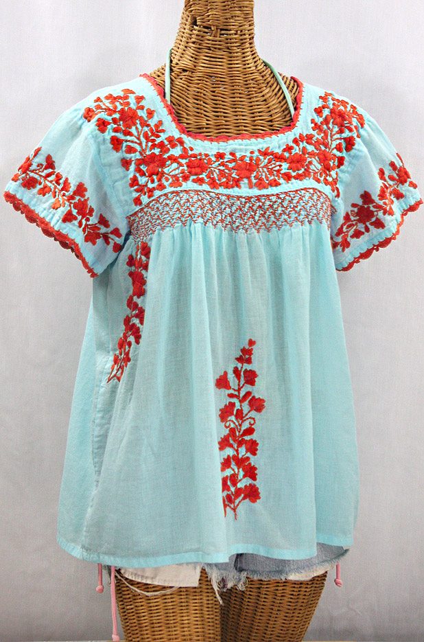 "La Marina Corta" Embroidered Mexican Peasant Blouse - Pale Blue + Orange