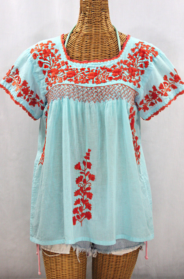 "La Marina Corta" Embroidered Mexican Peasant Blouse - Pale Blue + Orange