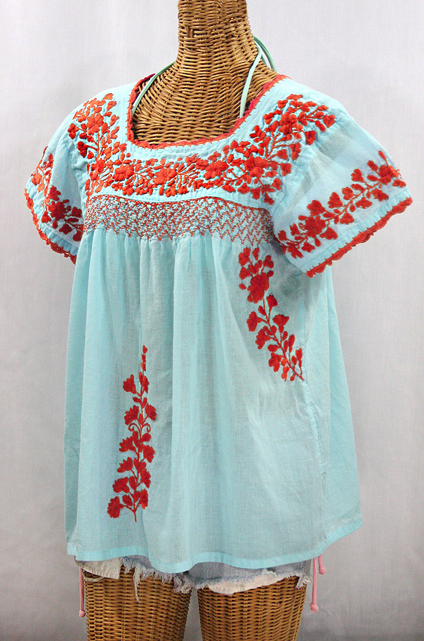 "La Marina Corta" Embroidered Mexican Peasant Blouse - Pale Blue + Orange