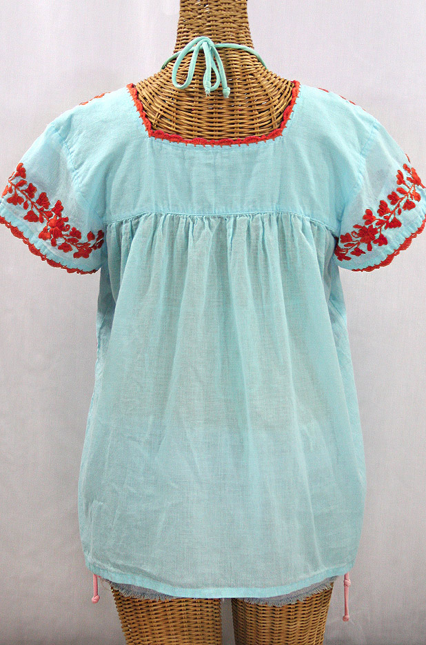 "La Marina Corta" Embroidered Mexican Peasant Blouse - Pale Blue + Orange