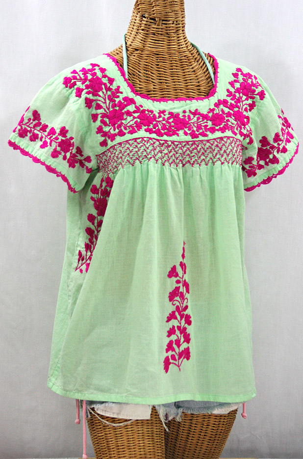 "La Marina Corta" Embroidered Mexican Peasant Blouse - Pale Green + Magenta