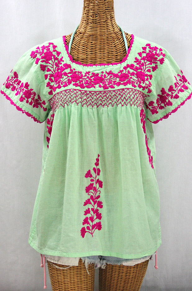 "La Marina Corta" Embroidered Mexican Peasant Blouse - Pale Green + Magenta