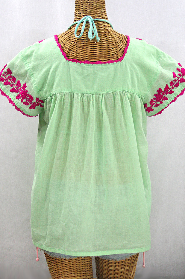 FINAL SALE -- "La Marina Corta" Embroidered Mexican Peasant Blouse - Pale Green + Magenta
