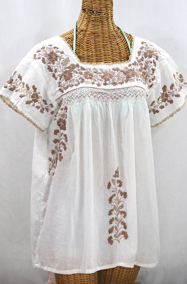 "La Marina Corta" Embroidered Mexican Peasant Blouse - White + Cocoa Mix