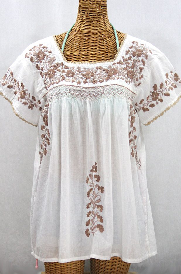 "La Marina Corta" Embroidered Mexican Peasant Blouse - White + Cocoa Mix