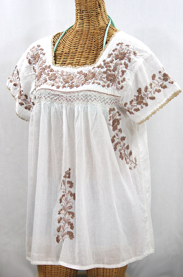 "La Marina Corta" Embroidered Mexican Peasant Blouse - White + Cocoa Mix