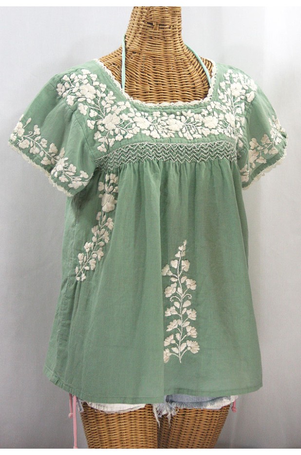 "La Marina Corta" Embroidered Mexican Peasant Blouse - Sage Green + Cream