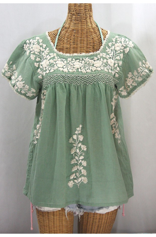 "La Marina Corta" Embroidered Mexican Peasant Blouse - Sage Green + Cream