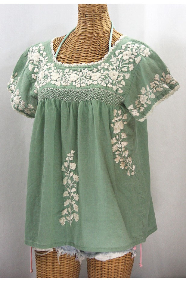 "La Marina Corta" Embroidered Mexican Peasant Blouse - Sage Green + Cream