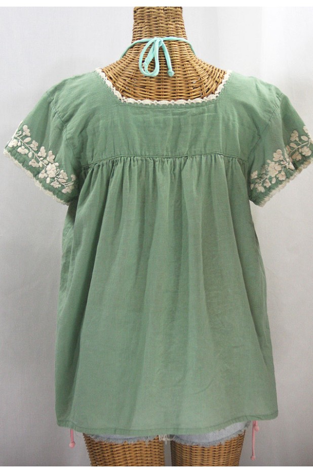 "La Marina Corta" Embroidered Mexican Peasant Blouse - Sage Green + Cream